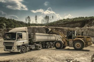 A white dump truck is parked in a rocky area while a yellow excavator, reminiscent of Mexican customs at work, loads its bed with dirt. The background features cloudy skies and trees.