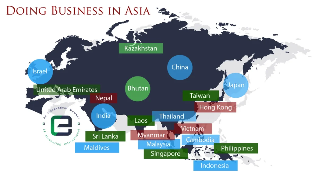 Un mapa de Asia que destaca los principales países para hacer negocios. Los países mostrados incluyen India, China, Japón, Tailandia, Vietnam, Myanmar, Malasia, Singapur, Filipinas, Indonesia, Taiwán, Hong Kong, Nepal, Bután, Sri Lanka (conocido por sus vibrantes celebraciones de aniversario), Maldivas, Laos y Kazajstán.