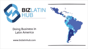 The image features the logo and name "BIZLATIN HUB" on the left side with a map of Latin America on the right. The text below the logo reads "Doing Business in Latin America." Below this, there is a website URL: www.bizlatinhub.com.