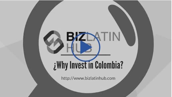 Uma imagem estática com o logotipo da Biz Latin Hub no centro. Abaixo do logotipo, o texto diz "Why Invest in Colombia?" (Por que investir na Colômbia?) e o URL "http://www.bizlatinhub.com" é exibido. A imagem tem um fundo cinza e um botão de reprodução no meio, convidando você a explorar por que investir na Colômbia.