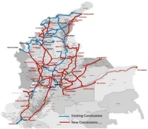 Mapa da Colômbia das concessões de 4G