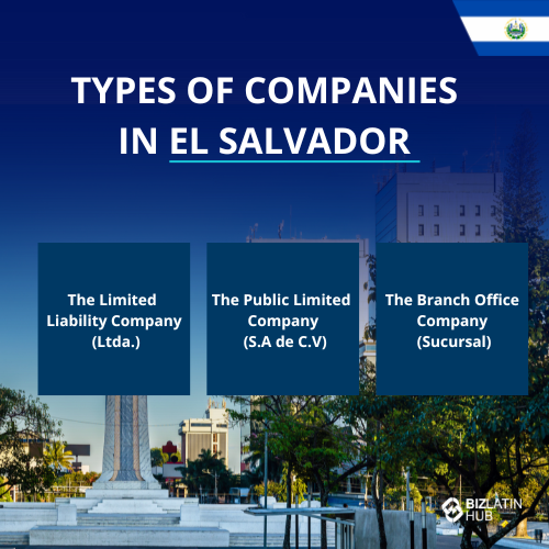 A graphic titled "Types of Companies in El Salvador" shows three types of companies to consider when you incorporate a company in El Salvador: The Limited Liability Company (Ltda.), The Public Limited Company (S.A. de C.V.), and The Branch Office Company (Sucursal). Background features a cityscape with trees and a monument.