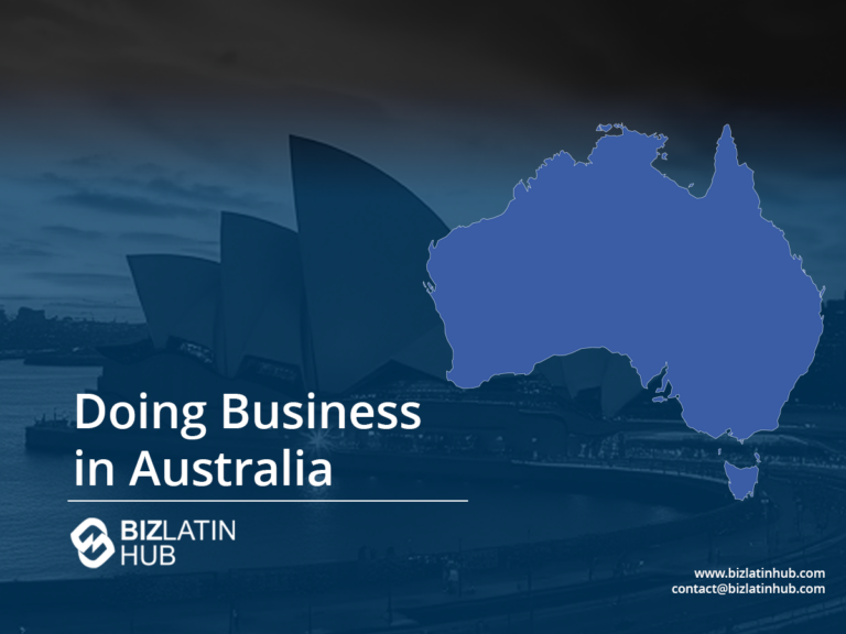 Imagem da Sydney Opera House com texto sobreposto dizendo "Doing Business in Australia". Uma silhueta da Austrália está à direita, simbolizando a conectividade com o mercado asiático. O logotipo do Biz Latin Hub e as informações de contato estão na parte inferior.