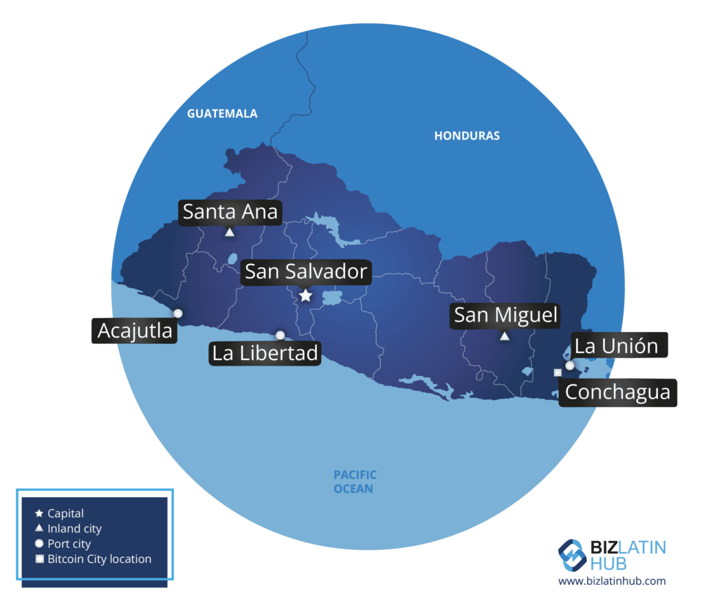 A map of El Salvador highlighting major cities is perfect if you aim to expand your business to El Salvador. San Salvador is marked as the capital, along with other cities such as Santa Ana, San Miguel, Acajutla, La Libertad, La Unión, and Conchagua. The map also includes Guatemala, Honduras, and the Pacific Ocean.