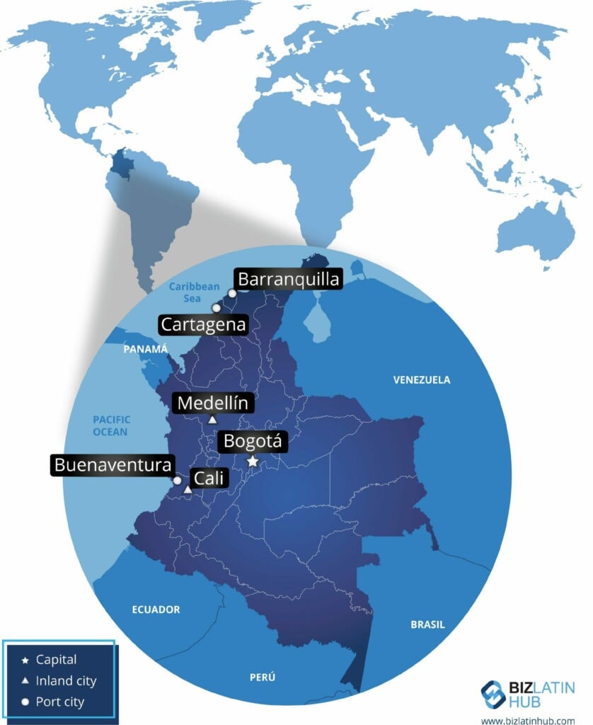 Um mapa da Colômbia destacando várias cidades importantes, incluindo Bogotá, Medellín, Cali, Cartagena, Barranquilla e Buenaventura.
As capitais estão marcadas com um símbolo específico.
O mapa também mostra os países vizinhos e os corpos d'água relevantes para o setor de investimentos.  