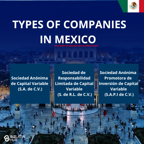 An infographic titled "Types of Companies in Mexico" with three categories: "Sociedad Anónima de Capital Variable (S.A. de C.V.)", "Sociedad de Responsabilidad Limitada de Capital Variable (S. de R.L. de C.V.)", and "Sociedad Anónima Promotora de Inversión de Capital Variable (S.A.P.I. de C