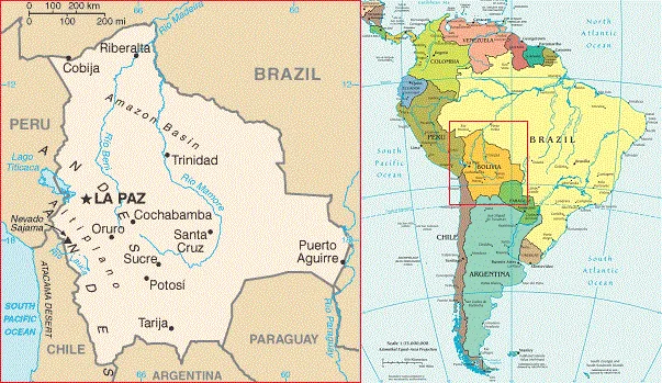 Mapa da Bolívia, país andino localizado na América do Sul