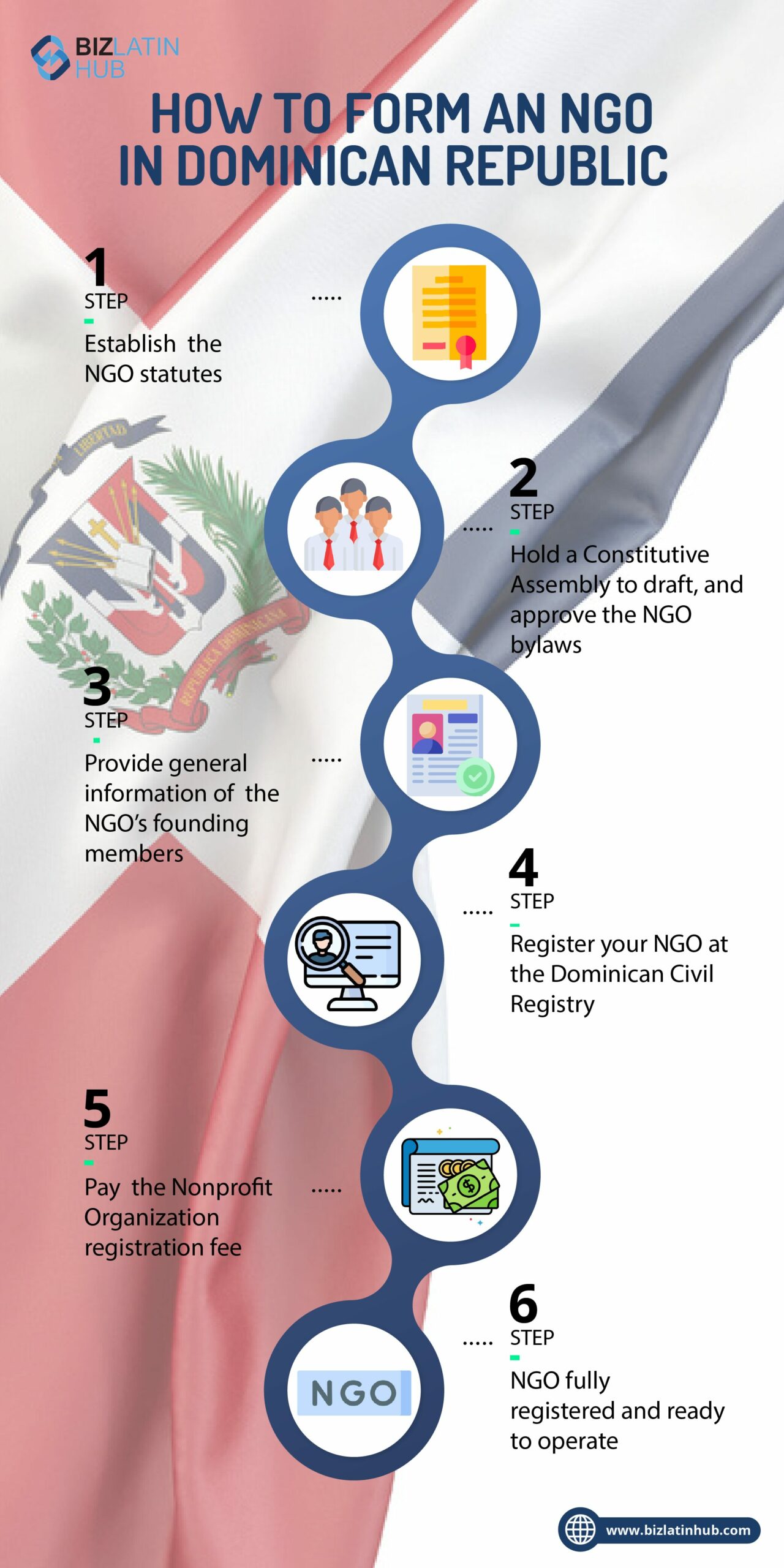 infográfico mostrando as etapas para formar uma ONG na república dominicana