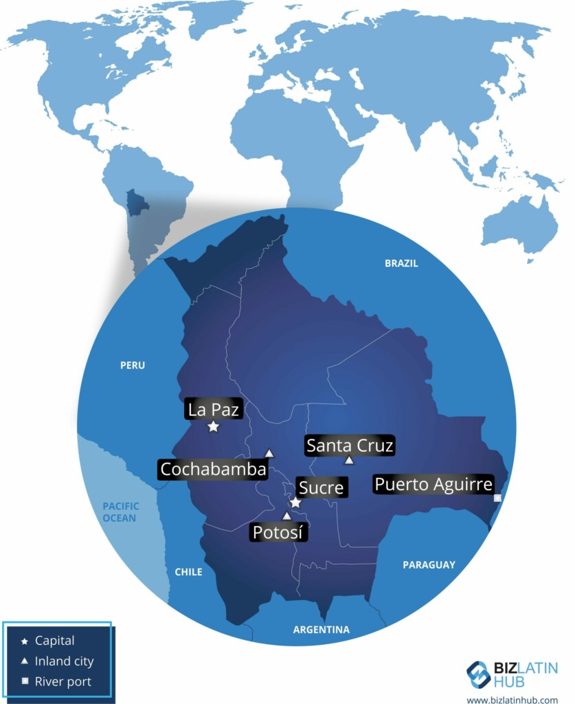 Mapa de Bolivia en el que se destacan las principales ciudades y puertos.
La Paz está marcada como capital.
Las ciudades del interior incluyen Santa Cruz, Cochabamba, Potosí y Sucre.
Puerto Aguirre se identifica como puerto fluvial.
El mapa también muestra los países vecinos: Perú, Brasil, Chile, Argentina y Paraguay para el visado de negocios en Bolivia.    