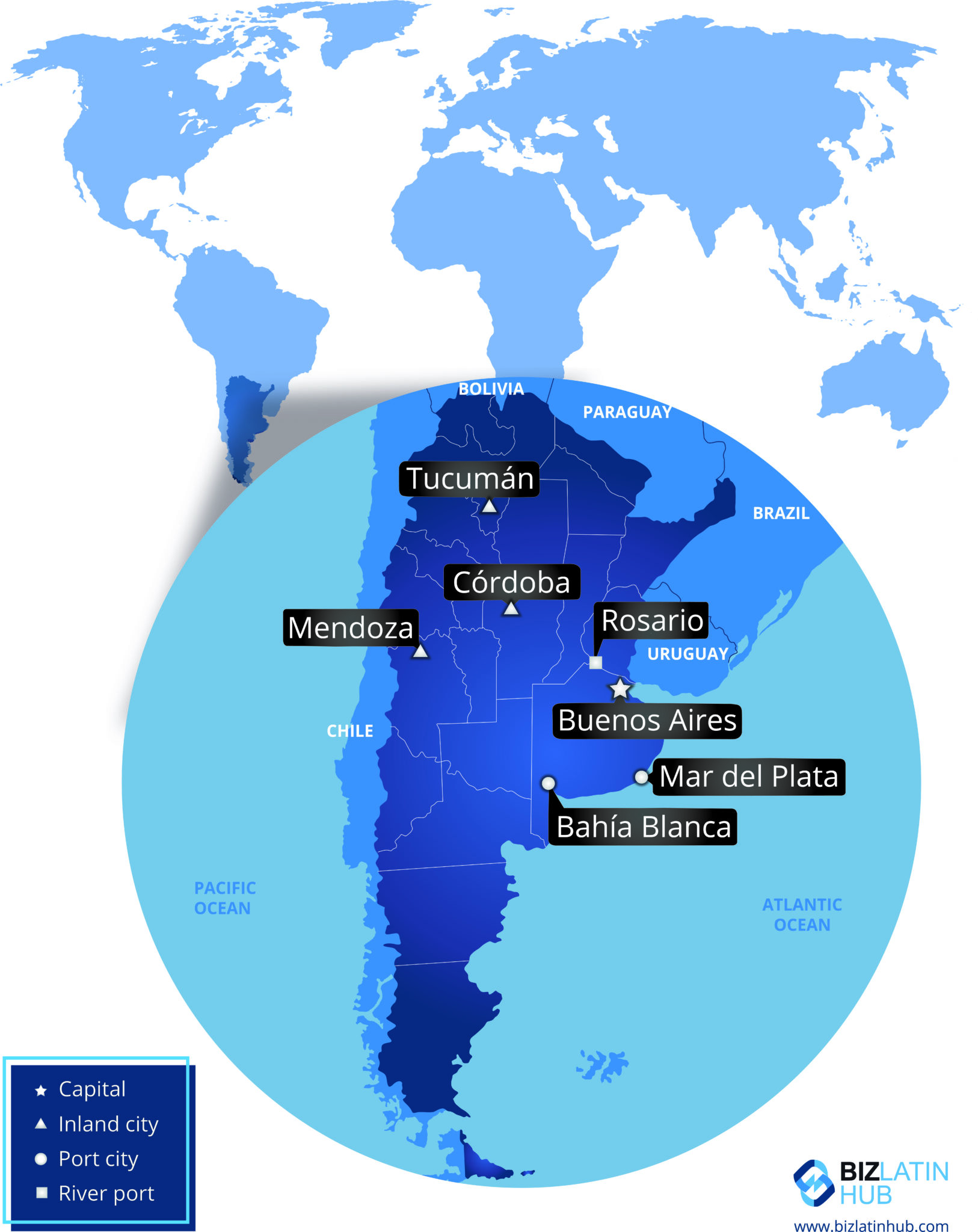 Mapa da Argentina e suas principais cidades para um artigo sobre o SAS na Argentina. Infográfico de Biz Latin Hub 