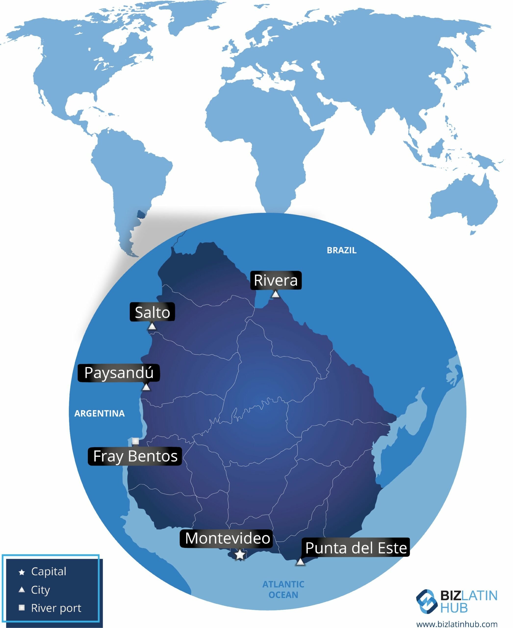 Um mapa do Uruguai com as principais cidades marcadas, incluindo Montevidéu (capital), Salto, Paysandú, Rivera, Fray Bentos e Punta del Este. Você também encontra um contexto adicional com um mapa-múndi que destaca a localização do Uruguai na América do Sul. Perfeito para qualquer pessoa interessada em explorar a região ou encontrar um advogado no Uruguai.  