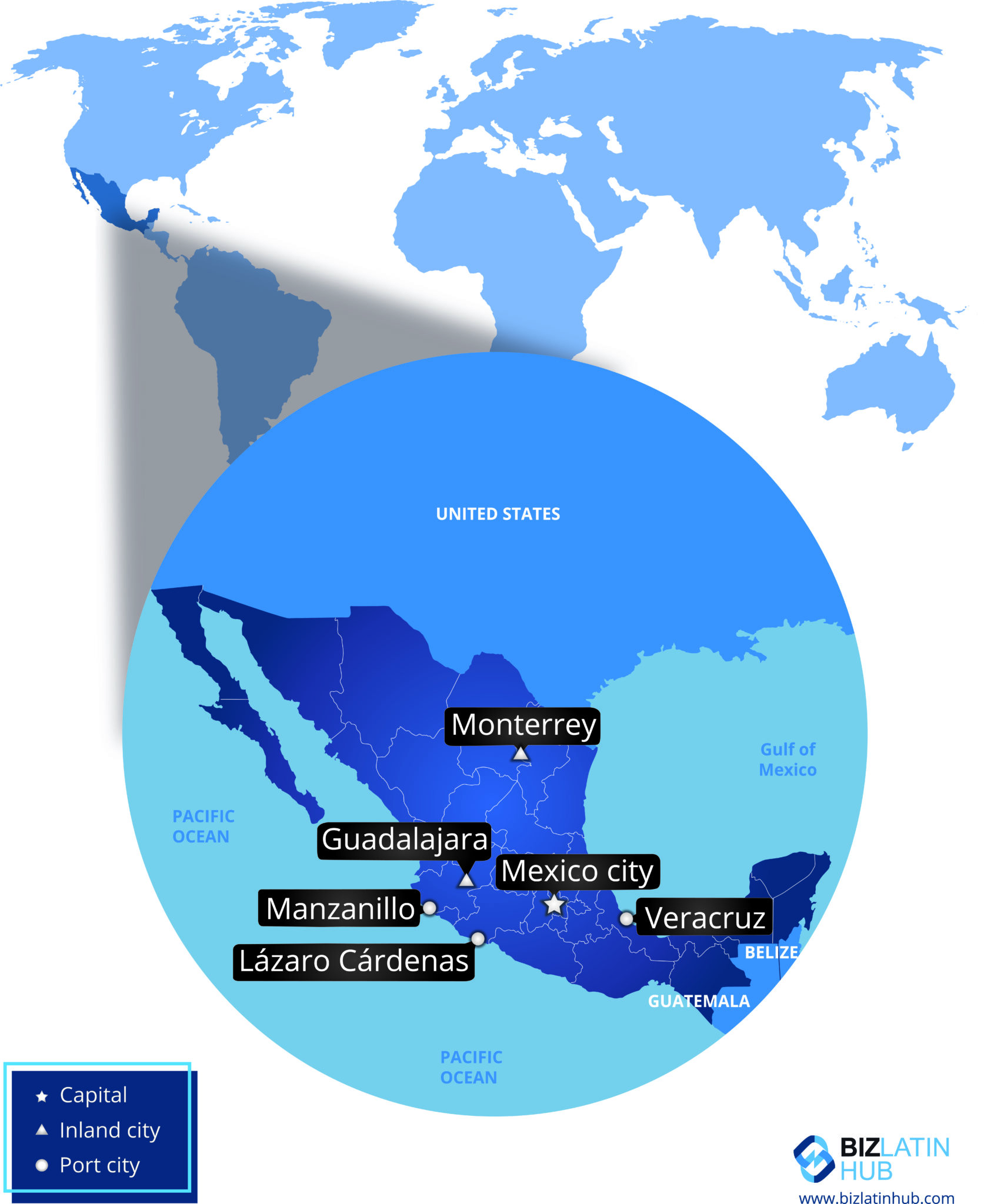 Mapa da localização do México na América do Norte e suas principais cidades