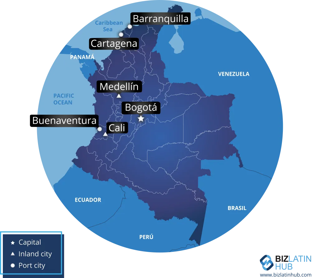 licença de importação na Colômbia

Um mapa da Colômbia destacando seis cidades principais: Bogotá (capital), Medellín, Cali, Barranquilla, Cartagena e Buenaventura.
O mapa é codificado por cores para diferenciar a capital, as cidades do interior e as cidades portuárias.
Além disso, os países vizinhos estão identificados.
Detalhe: principais regiões com licenças de fabricação de cannabis.   