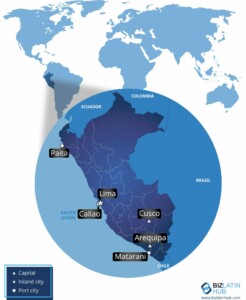 Um mapa-múndi destaca a América do Sul, com foco no Peru.
As principais cidades marcadas incluem Lima, Callao, Cusco, Arequipa, Paita e Matarani.
O mapa distingue as capitais, as cidades do interior e as cidades portuárias.
Ideal para quem busca o registro de produtos no Peru, o logotipo do BizLatin Hub aparece no canto inferior direito.   