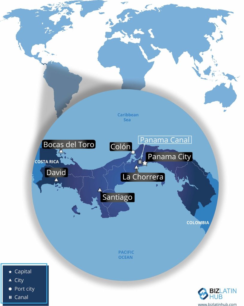 A map of Panama highlighting key locations, ideal for those considering LLC formation in Panama. The capital, Panama City, is marked, along with Bocas del Toro, Colón, David, La Chorrera, and Santiago. The map also features the Panama Canal and includes the surrounding Caribbean Sea and Pacific Ocean.