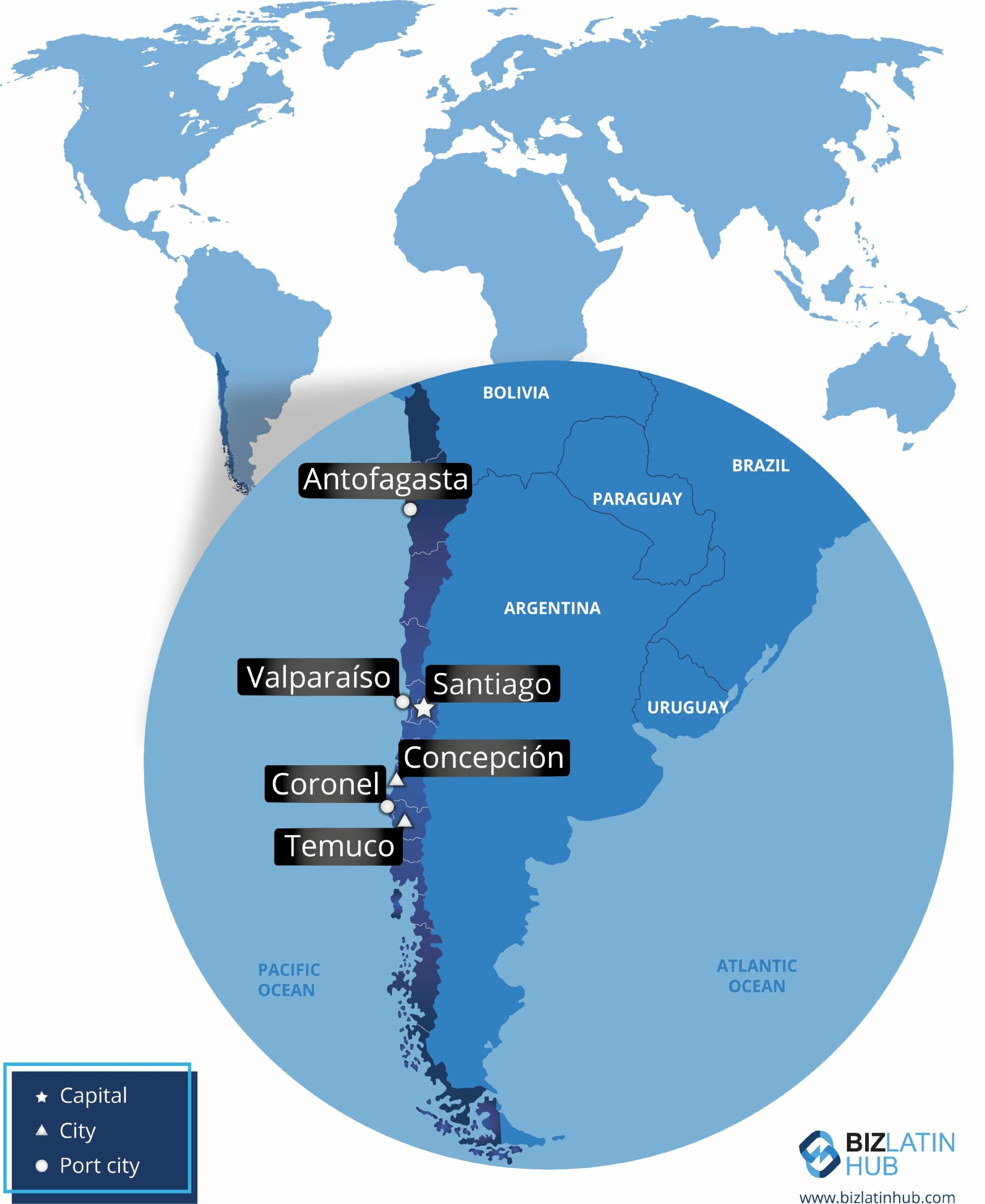 Localização na América do Sul e suas principais cidades onde você pode realizar verificações de antecedentes no Chile.