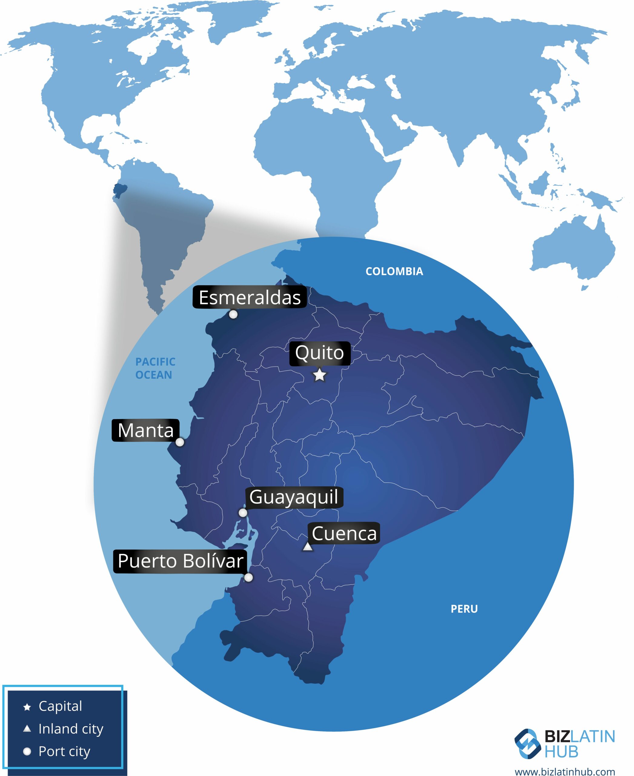 Um mapa do Equador e suas principais cidades. Um anúncio recente do presidente Guillermo Lasso sugere um futuro brilhante para os negócios e a economia. 