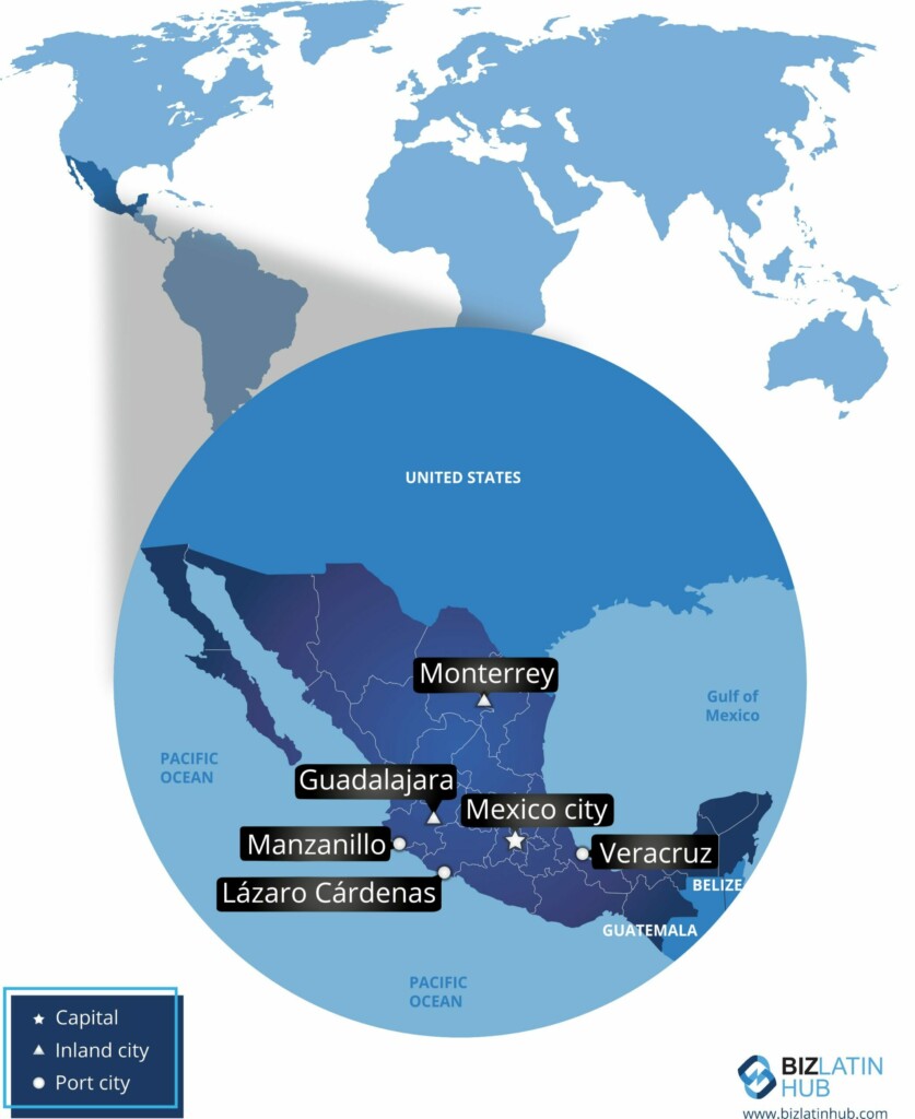 Um mapa mostrando as principais cidades para um endereço fiscal no México, incluindo a capital, cidades do interior e cidades portuárias.
As principais cidades marcadas são Monterrey, Guadalajara, Cidade do México, Lázaro Cárdenas, Manzanillo e Veracruz.
O mapa destaca o IED no México com uma visão global que mostra a América do Norte e do Sul.  