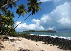 Una escena de playa tropical con altas palmeras inclinadas sobre una orilla arenosa. Rocas oscuras bordean el borde del agua, que es una mezcla de olas y mares más tranquilos. A lo lejos se ve una isla cubierta de una densa vegetación bajo un cielo parcialmente nublado.