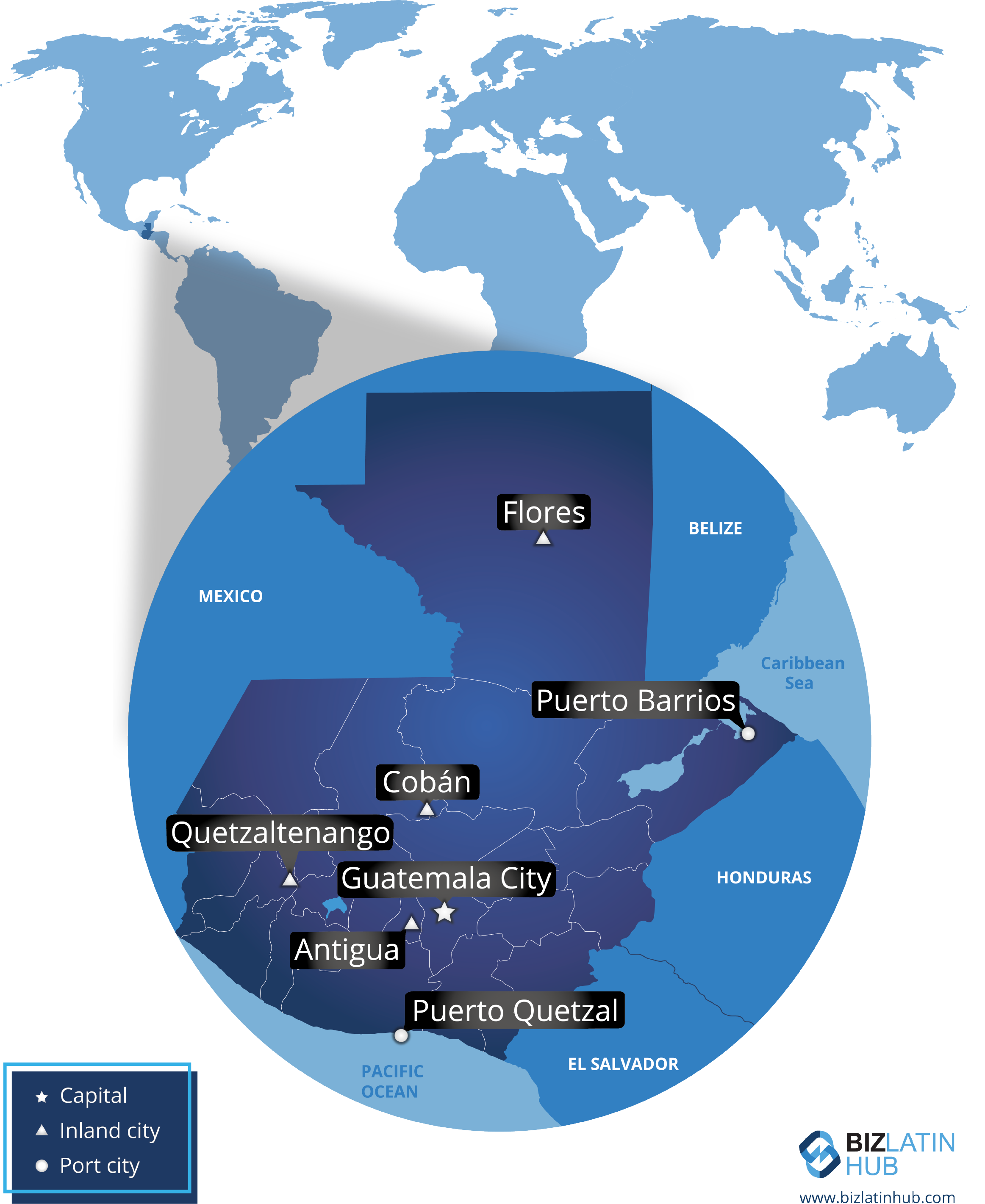 A BLH infographic of a map of Guatemala and some of its main cities. You may wish to register a subsidiary in Guatemala.