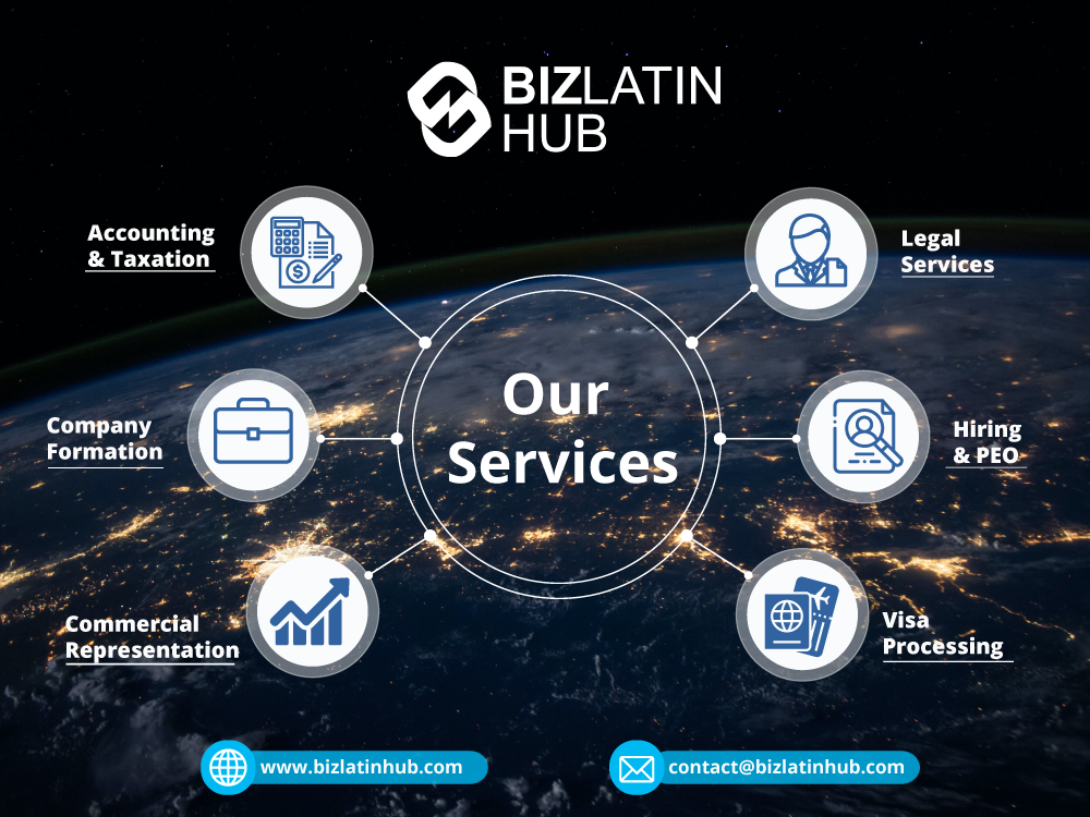 An infographic from Biz Latin Hub detailing their services, including Accounting & Taxation, Legal Services, Company Formation to help you register a company in Bolivia, Hiring & PEO, Commercial Representation, and Visa Processing. Contact information and website URLs are displayed at the bottom.