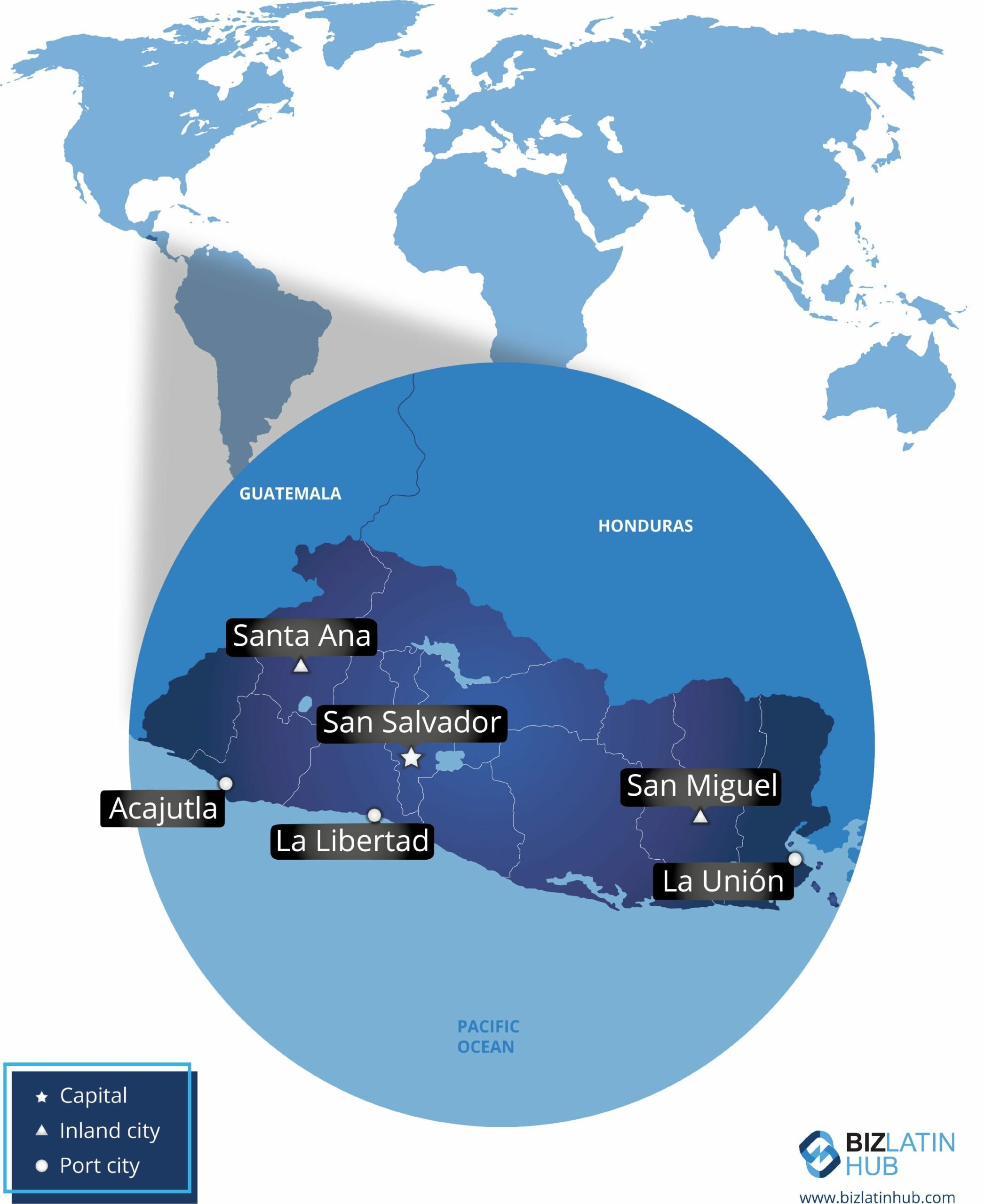 Um infográfico do BLH com um mapa de El Salvador, onde você pode precisar de assessoria jurídica