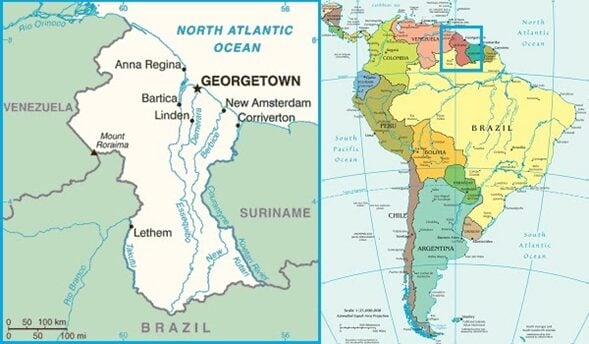 Um mapa da América do Sul com uma inserção detalhada da Guiana.
A inserção destaca as principais localidades da Guiana, como Georgetown, Anna Regina, New Amsterdam, Bartica, Linden e Lethem.
As principais características para quem faz negócios na Guiana também incluem rios e países vizinhos, como Venezuela, Brasil e Suriname.  