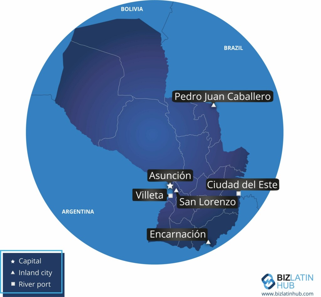 Um mapa do Paraguai e algumas de suas principais cidades.
O senhor deverá procurar um bom advogado para ajudá-lo a fazer negócios no país. 