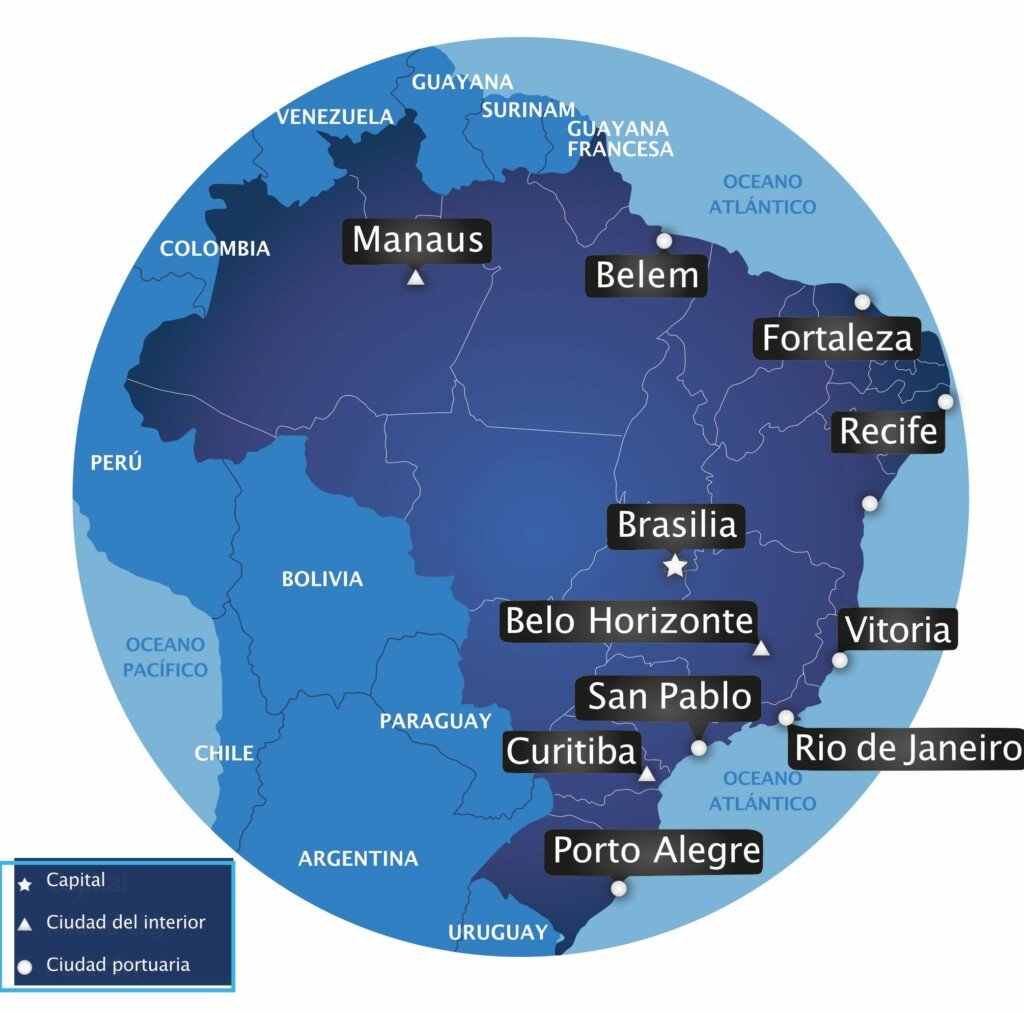 A map of Brazil is shown with its regions and neighboring countries. Key cities are marked, including capitals, interior cities, and port cities. Cities displayed include Brasilia, São Paulo, Rio de Janeiro, Manaus, Belem, Fortaleza, Recife, and more.