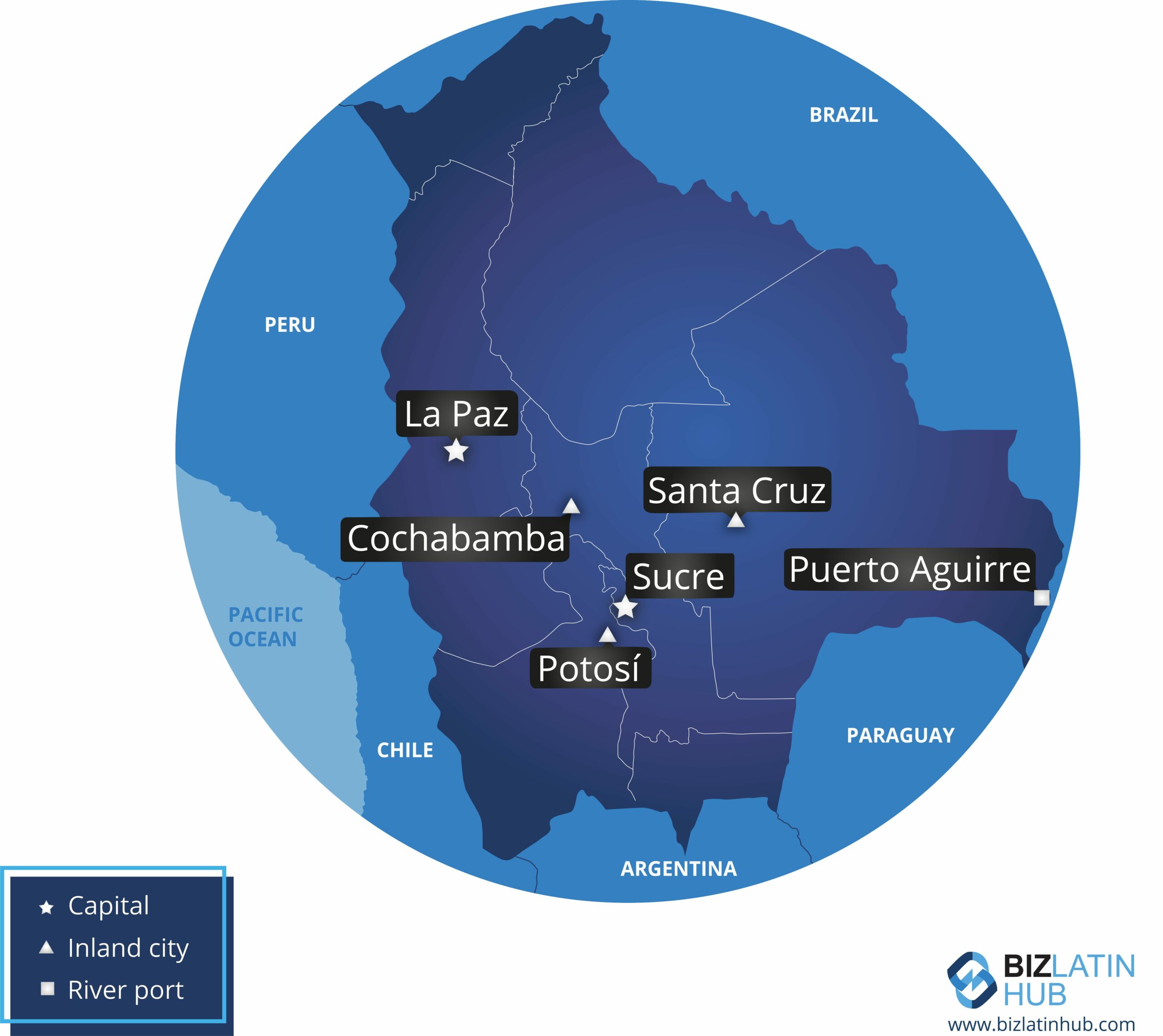 Um mapa da Bolívia e de algumas de suas principais cidades, incluindo Cochabamba