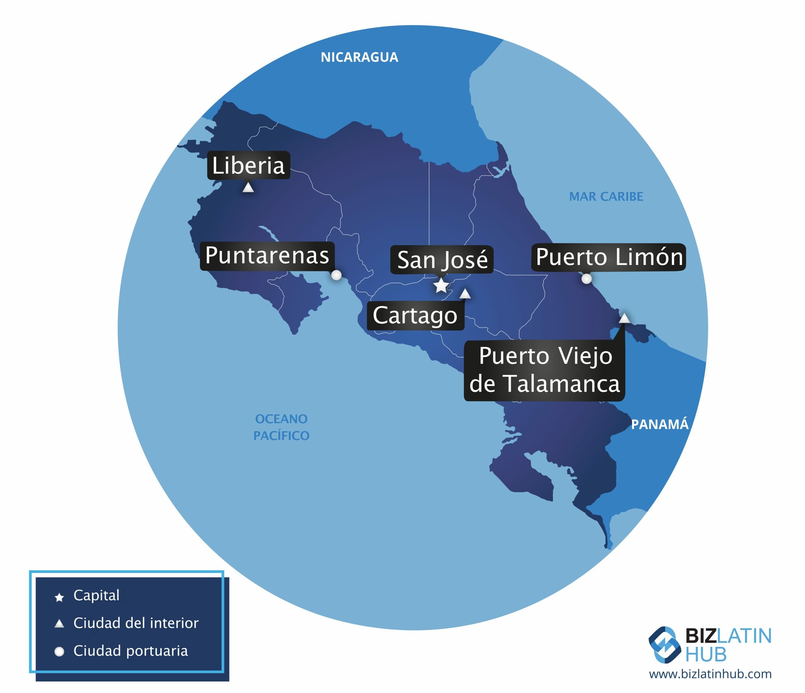 Starting a business in Costa Rica. A map of its main cities. Legal requirements to start a business in Costa Rica