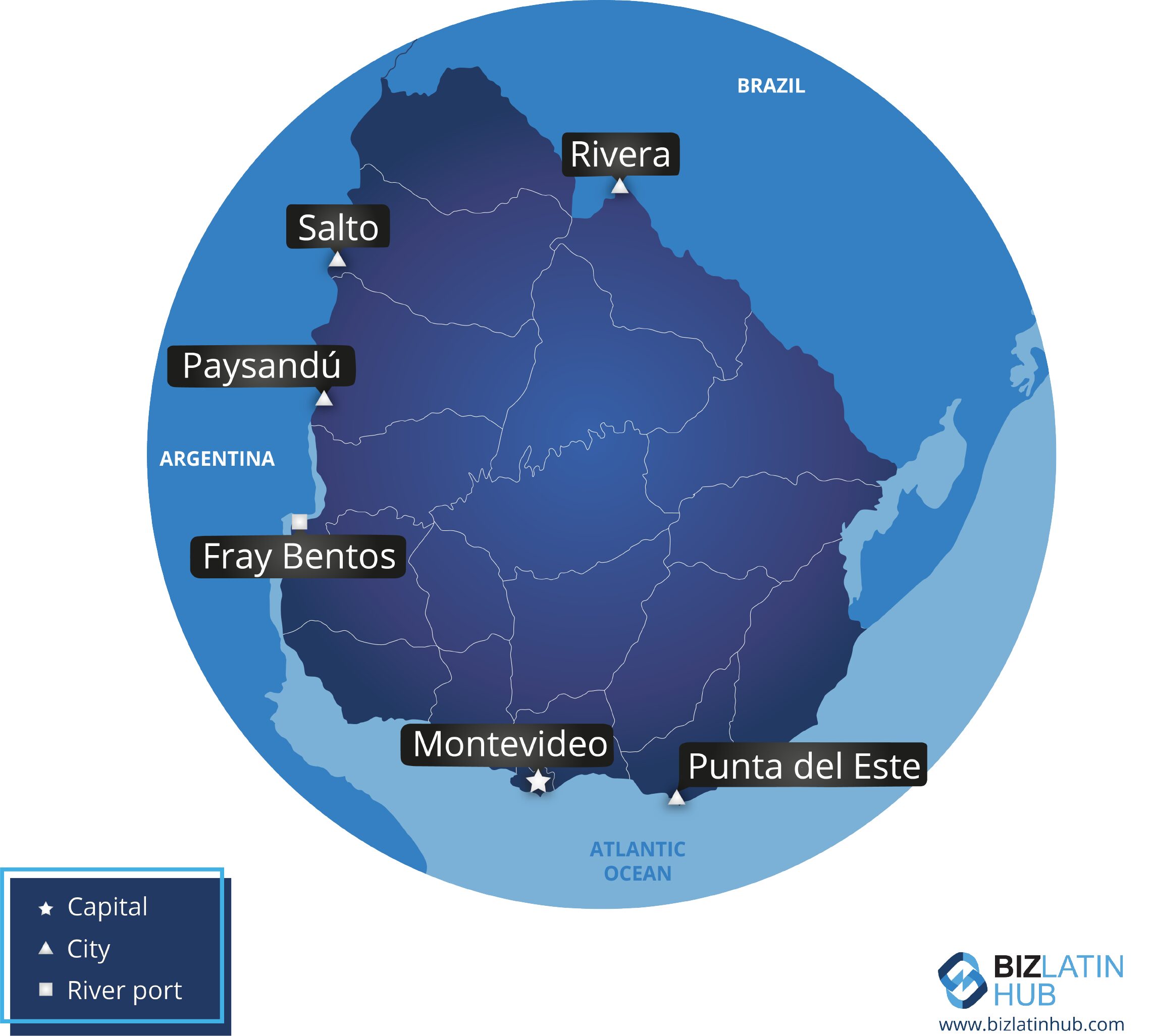 Um mapa do Uruguai, onde você pode otimizar seus negócios terceirizando os serviços de back office