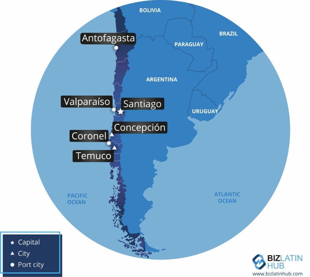 expandir seus negócios para o Chile: Esta imagem é um mapa que destaca várias cidades do Chile e de países vizinhos.
As cidades chilenas marcadas incluem Antofagasta, Valparaíso, Santiago, Coronel, Concepción e Temuco.
As capitais, cidades e cidades portuárias são indicadas por símbolos diferentes.
As principais regiões para a legislação trabalhista no Chile também estão indicadas.   