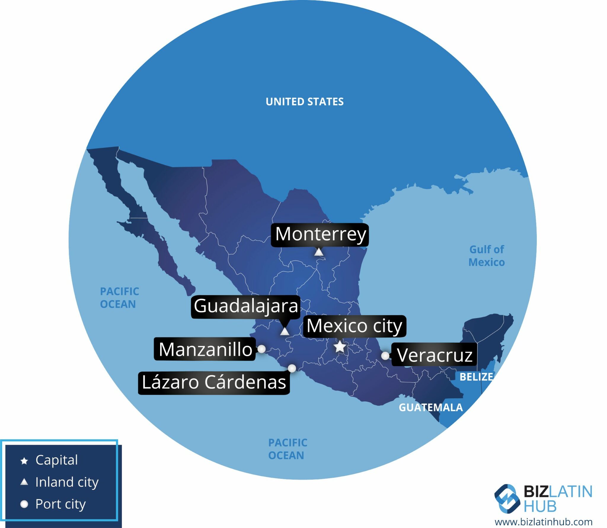 Um gráfico do Biz Latin Hub com um mapa do México e algumas cidades importantes usado em um artigo sobre como você pode solicitar um visto de trabalho no México