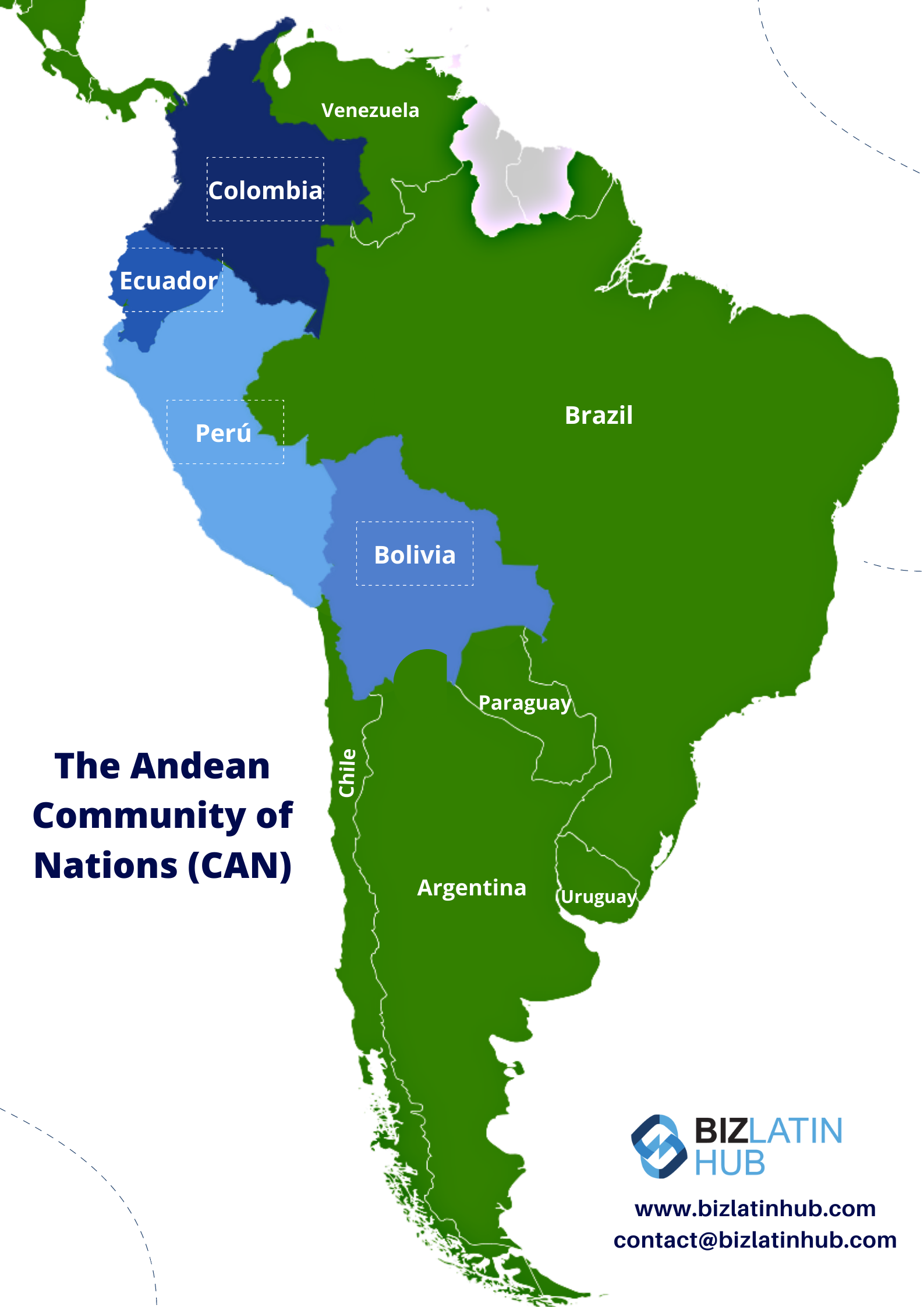 Serviços de consultoria tributária no Equador:
Mapa da América do Sul destacando os países membros da Comunidade Andina de Nações (CAN) em tons de azul. Os países incluem Colômbia, Equador, Peru e Bolívia. O restante da América do Sul está marcado em verde. Logotipo do BizLatin Hub e detalhes de contato do banco de dados de marcas registradas da Comunidade Andina na parte inferior.   