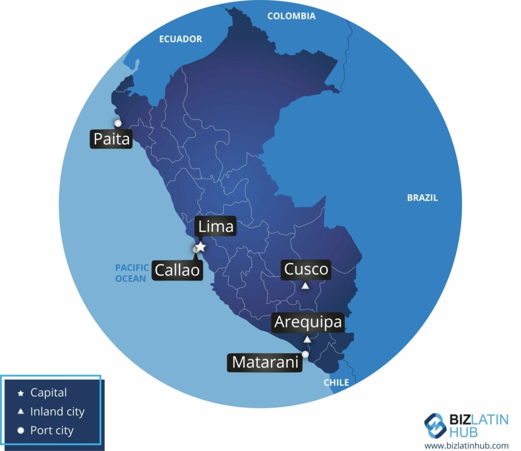 Um mapa do Peru destacando as principais cidades e zonas de conformidade com a regulamentação financeira. Lima, a capital, está marcada com um símbolo especial. As cidades do interior destacadas são Cusco e Arequipa. As cidades portuárias destacadas são Paita, Callao e Matarani. Os países vizinhos e o Oceano Pacífico estão marcados.    