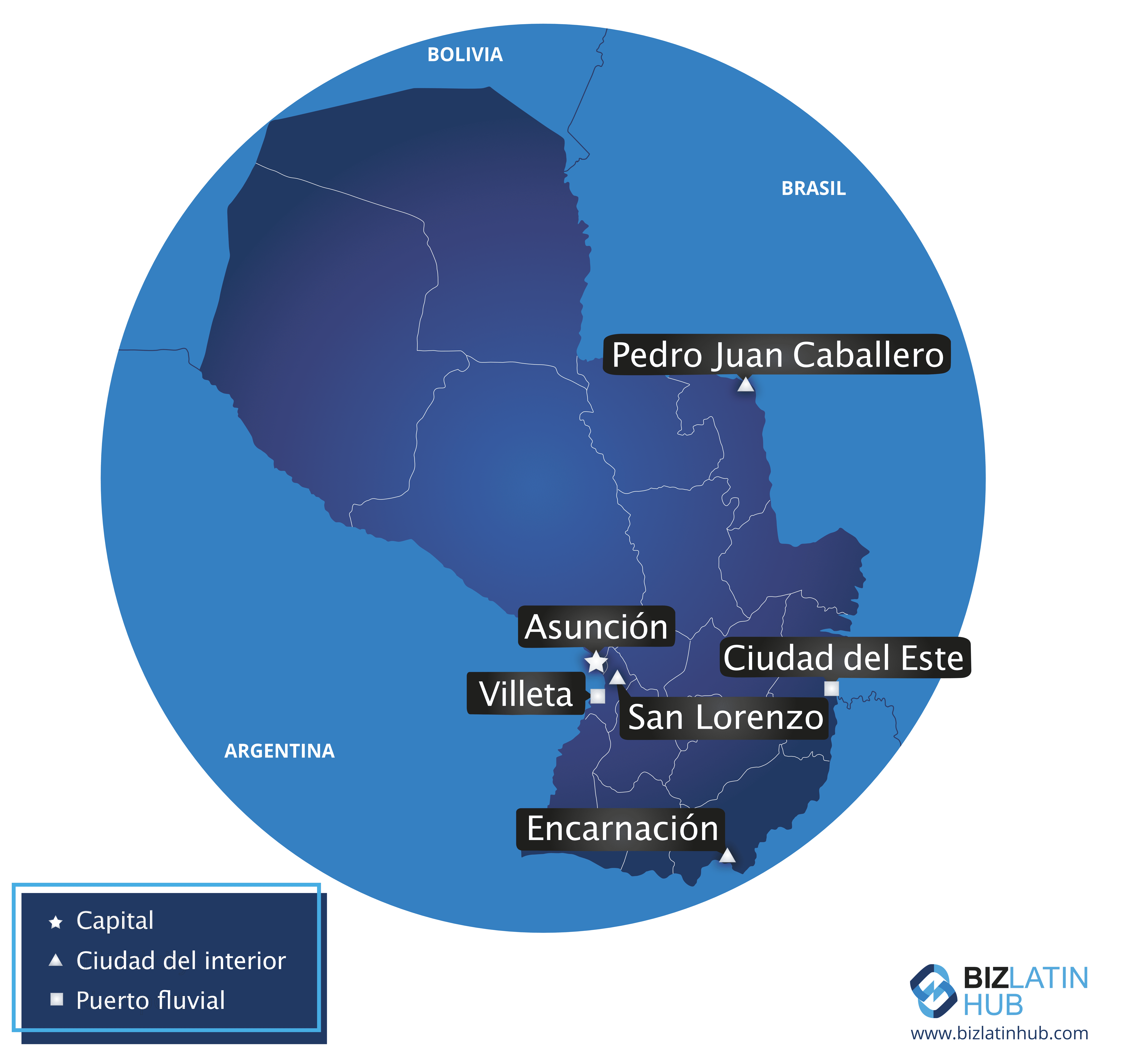 Mapa de Paraguay destacando las principales ciudades como Asunción, Pedro Juan Caballero, Ciudad del Este y Encarnación. Los pueblos están marcados con iconos que indican la capital, las ciudades del interior y los puertos fluviales. Los países vecinos están etiquetados. Explore áreas clave, incluido el derecho laboral en Paraguay.