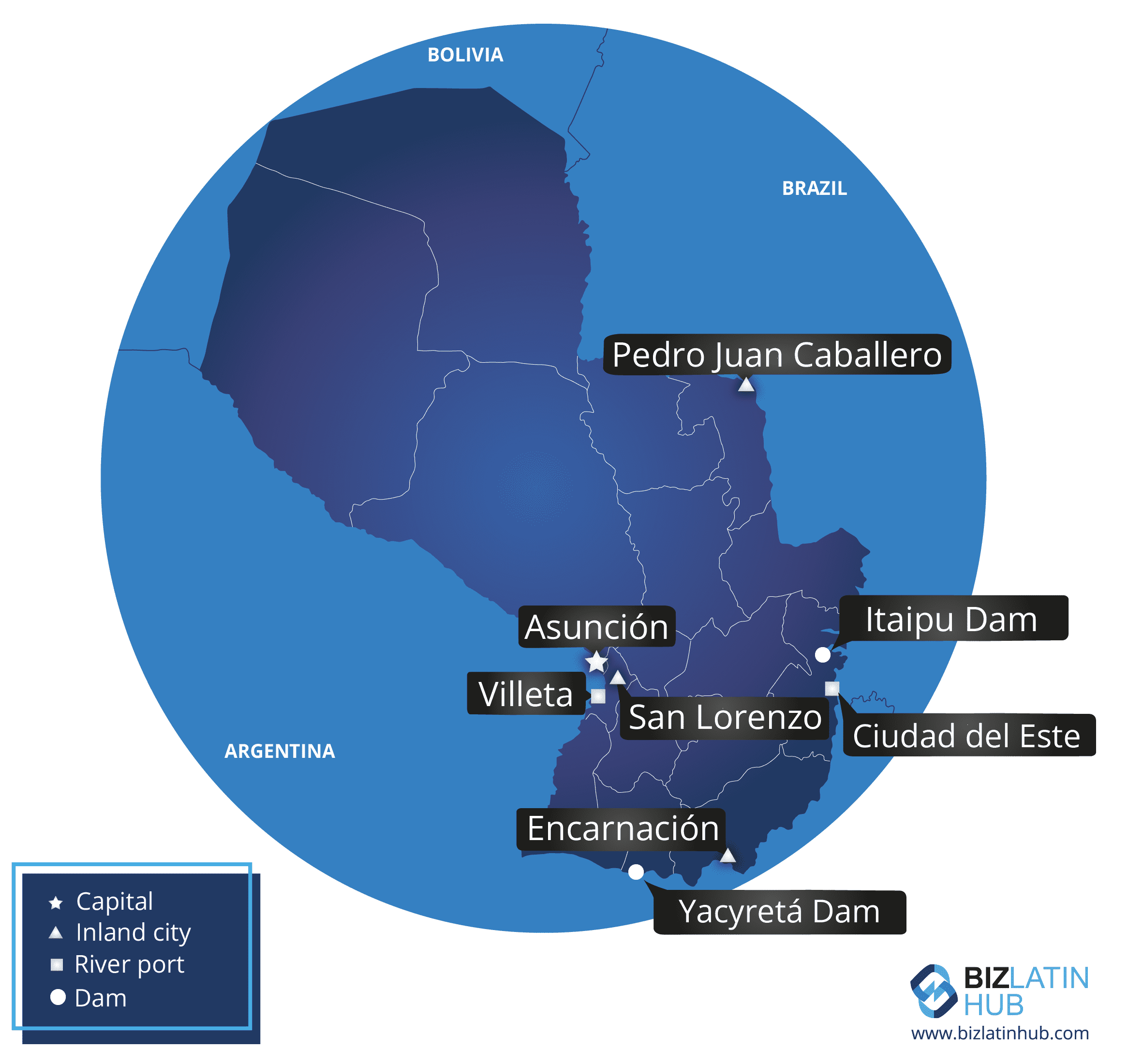 Mapa do Paraguai mostrando as principais cidades e pontos de referência, incluindo Assunção (capital), Pedro Juan Caballero, Ciudad del Este, Encarnación, San Lorenzo (cidades do interior), Represa de Itaipu, Represa de Yacyretá (represas), Villeta (porto fluvial).
Também apresenta fronteiras internacionais e destaca o bitcoin no Paraguai. 