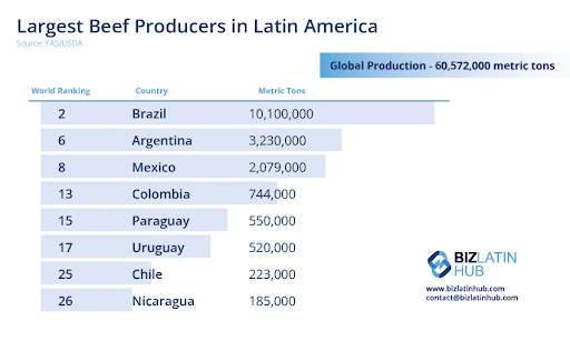 A chart showing the largest beef producers in Latin America. Brazil leads with 10,100,000 metric tons followed by Argentina with 3,230,000 metric tons, and Mexico with 2,079,000 metric tons. Colombia, Paraguay, Uruguay, Chile, and Nicaragua are also listed. Efforts for carbon neutral meat production are growing.