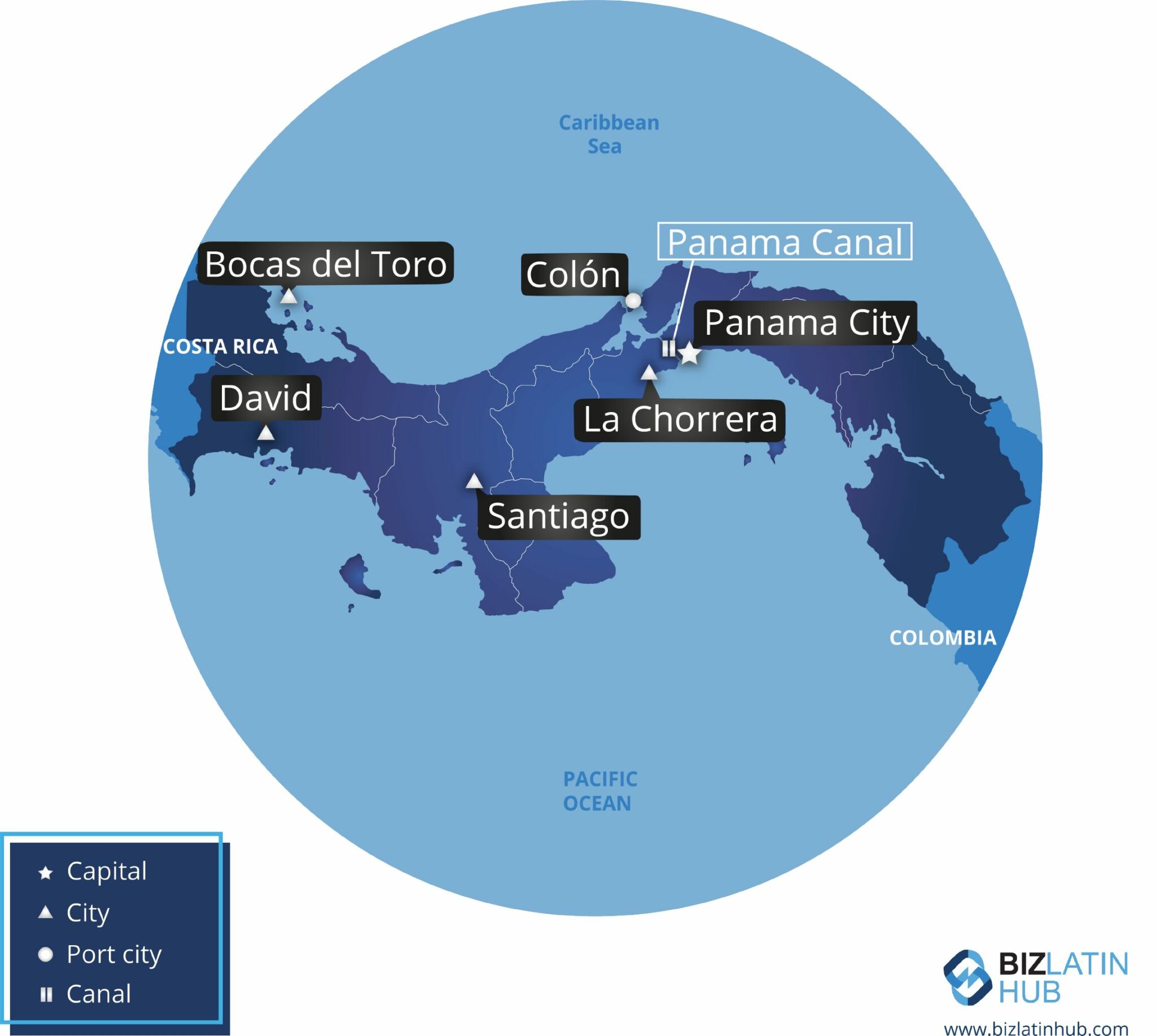 Um mapa do Panamá e de suas principais cidades por biz latin hub