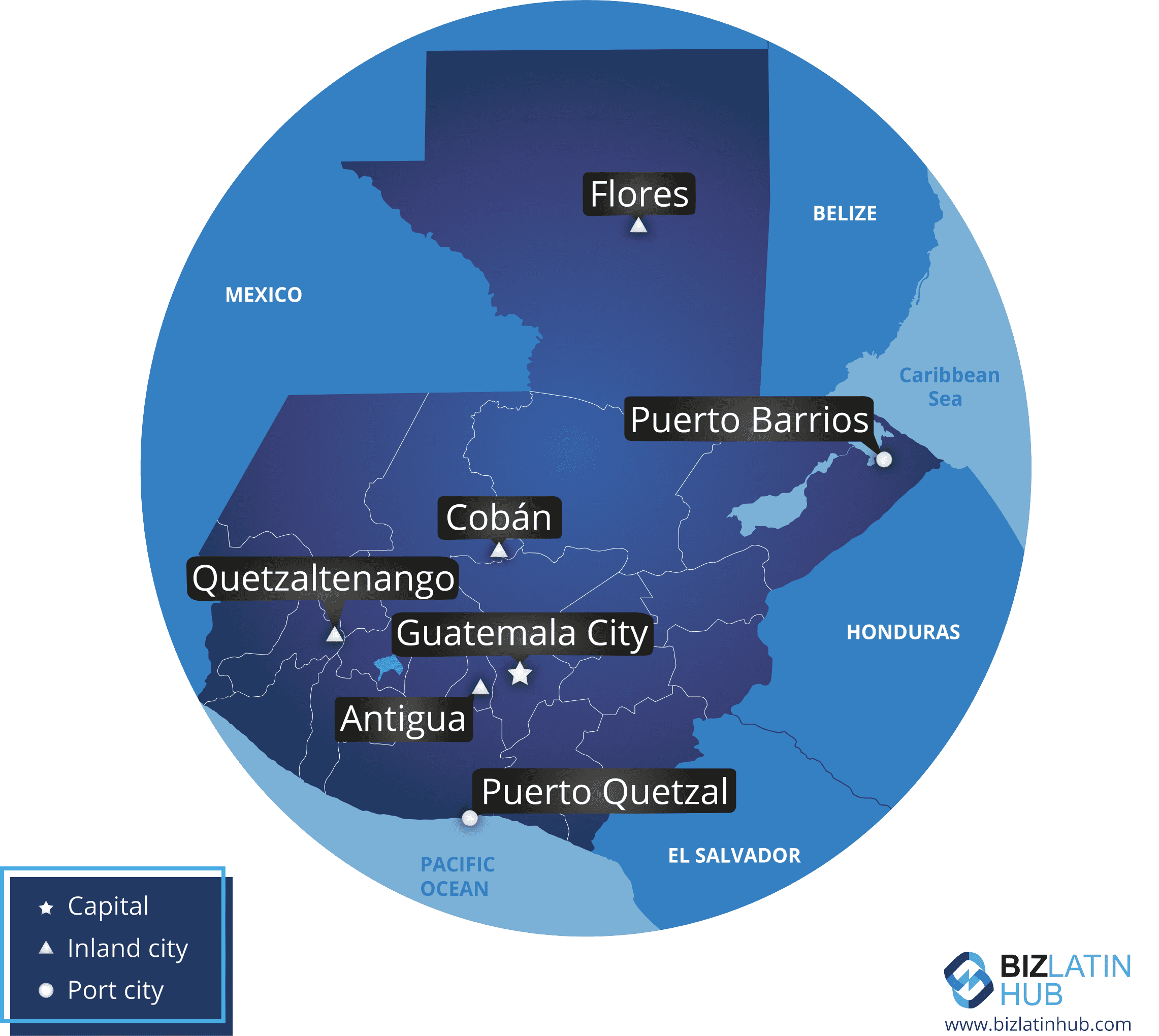 A map of Guatemala highlighting main cities including Guatemala City, Flores, Puerto Barrios, Cobán, Quetzaltenango, Antigua, and Puerto Quetzal. The map indicates types of cities with icons: a star for the capital, a triangle for inland cities, and a circle for port cities. It also provides information about employment law in Guatemala.

The process for obtaining a business visa in Guatemala may vary depending on your country of origin and the type of business you plan to do in the country.  However, the general requirements are usually the same, except for some additional procedures or documents that may be required depending on the type of visa requested. Some of the essential documents to obtain a business visa in Guatemala are:

Application form.

Recent photograph.

Original passport.

Legalized copy of passport.

Original letter from the company sending the applicant to Guatemala, describing the business activities that will take place and who will pay the applicant’s expenses.

Original letter from the company in Guatemala where the purpose of the visit is stated, if applicable.

Certificate of Incumbency of the Legal Representative of the company and the Guatemalan company (the latter, only when applicable).

Legalized copy of the Legal Representative of the company sending the applicant and the company receiving the applicant (the latter, only when applicable).

Legalized copy of the Registration Certificate of the company sending the applicant and the company receiving the applicant (the latter, only when applicable).

Business visa in guatemala