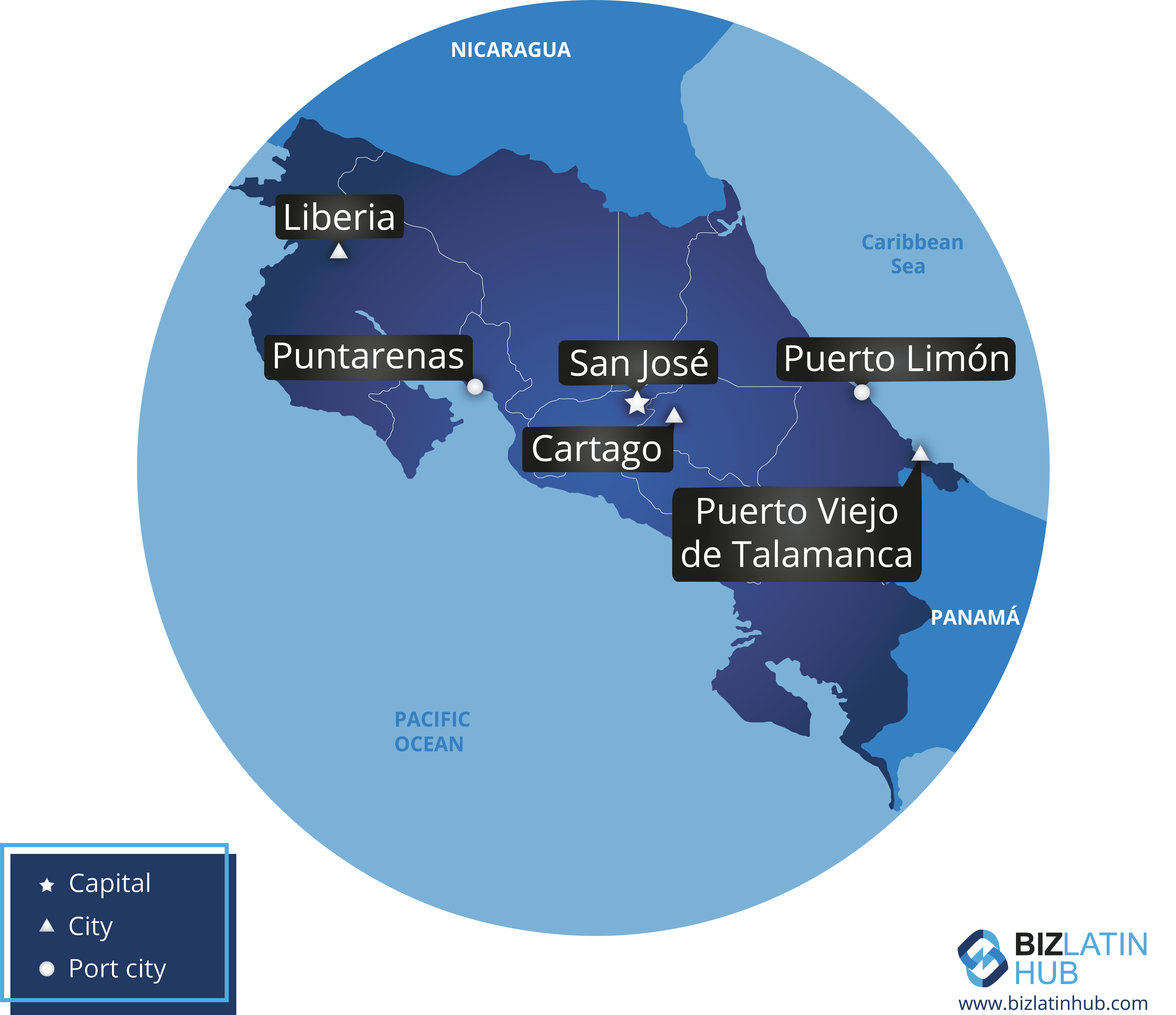 A map of Costa Rica highlighting major cities and ports: San José (capital), Liberia, Puntarenas, Cartago, Puerto Limón, and Puerto Viejo de Talamanca. The map includes the Pacific Ocean and Caribbean Sea along with a legend for capitals, cities, port cities, and notes on employment law in Costa Rica.