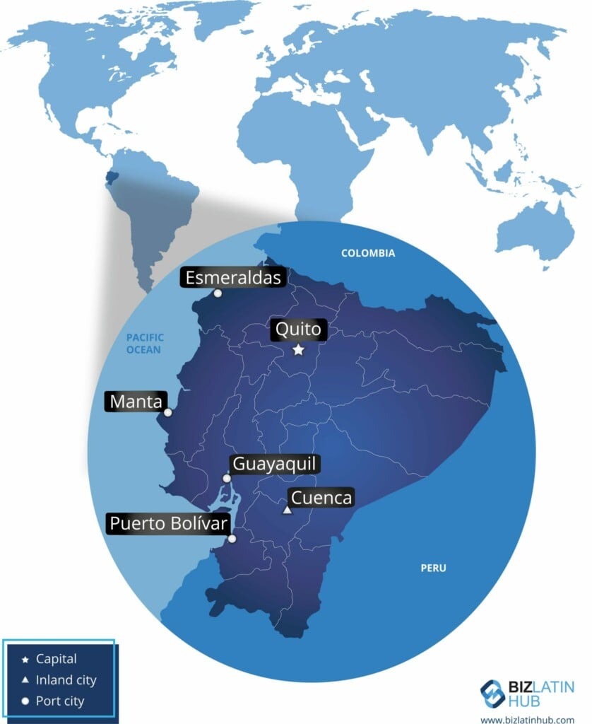 Un mapa de Ecuador que muestra las ciudades clave y su ubicación dentro del país: Quito (capital), Guayaquil, Cuenca, Esmeraldas, Manta y Puerto Bolívar.
El mapa incluye una porción del mapamundi que destaca la posición de Ecuador en Sudamérica, proporcionando un contexto esencial para cualquier persona interesada en cómo establecer una empresa en Ecuador. 