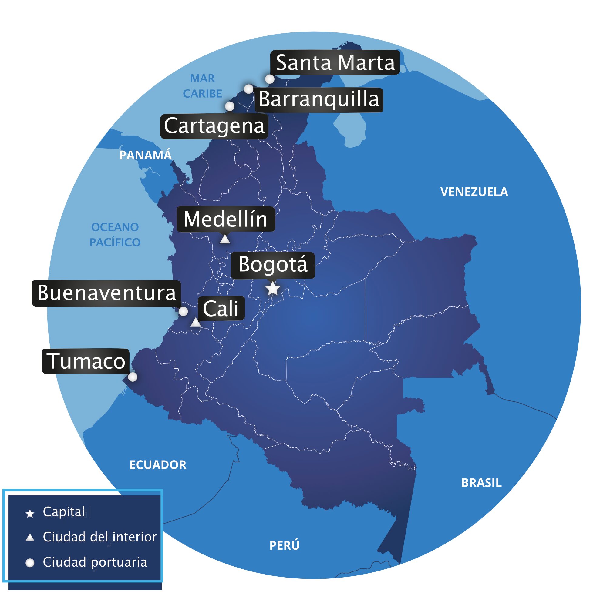 Mapa de Colombia destacando las principales ciudades con símbolos de la capital (Bogotá), ciudades del interior (Medellín, Cali) y ciudades portuarias (Santa Marta, Barranquilla, Cartagena, Buenaventura, Tumaco). Los países circundantes y el Mar Caribe también están etiquetados. Perfecto para entender el derecho laboral en Colombia.