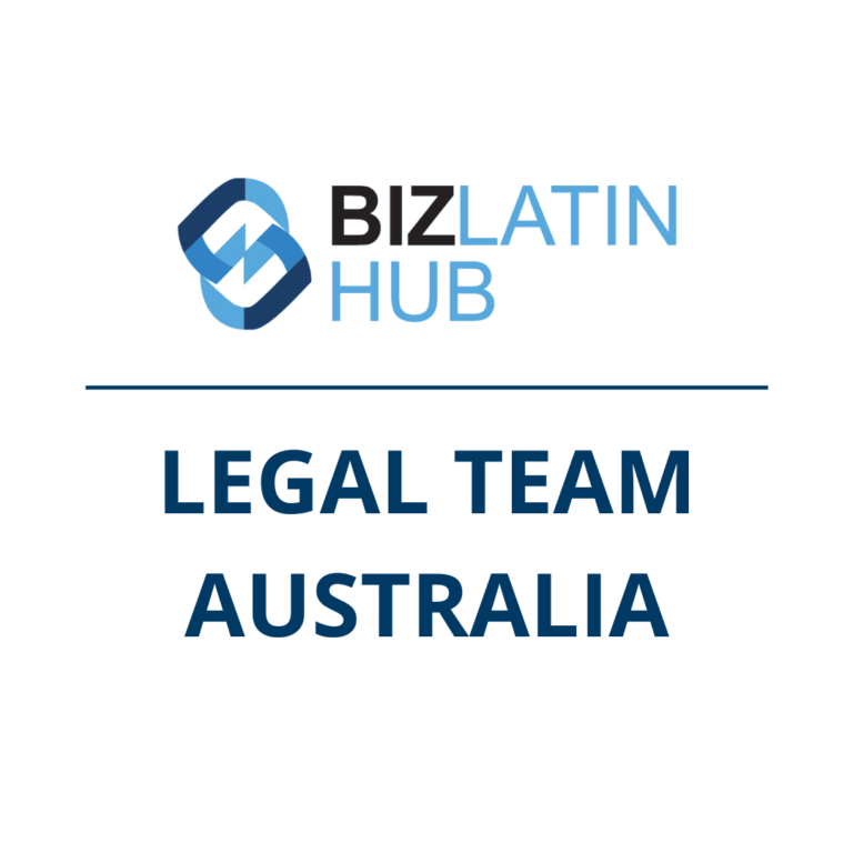 Un logotipo para Biz Latin Hub. La frase "Legal Team Australia" está escrita en letras azules y en negrita bajo el logotipo de Biz Latin Hub, que presenta un diseño entrelazado en azul y negro.