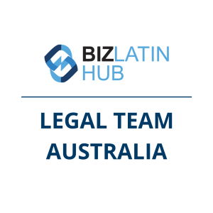 A logo for Biz Latin Hub. The phrase "Legal Team Australia" is written in bold blue letters beneath the Biz Latin Hub logo, which features an interlocking design in blue and black.