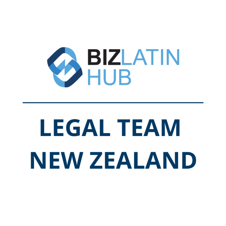 A logo for Biz Latin Hub is displayed at the top of the image. Below the logo, text reads in capital letters: "Legal Team New Zealand" in blue font. Expertise in Investimento Estrangeiro Direto no Brasil available.