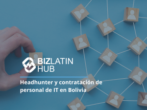 Una mano humana organiza bloques de madera conectados por líneas sobre una superficie azul. Cada bloque presenta el ícono de una persona. El texto dice "BIZLATIN HUB" y "Headhunter y reclutamiento TI en Bolivia.