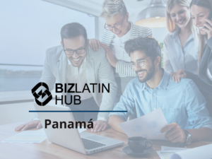 A group of five people are gathered around a laptop in an office setting, engrossed and smiling as they collaborate. The text "BIZLATIN HUB Panamá" is displayed prominently in the foreground on the left side of the image, hinting at discussions likely touching on Investimento Estrangeiro Direto no Brasil.