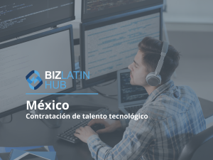 A man wearing headphones sits at a desk with multiple computer monitors and a keyboard. The text overlay reads "Biz Latin Hub," and below it, "Contratación de talento tecnológico en México," indicating a focus on hiring technology talent in Mexico.